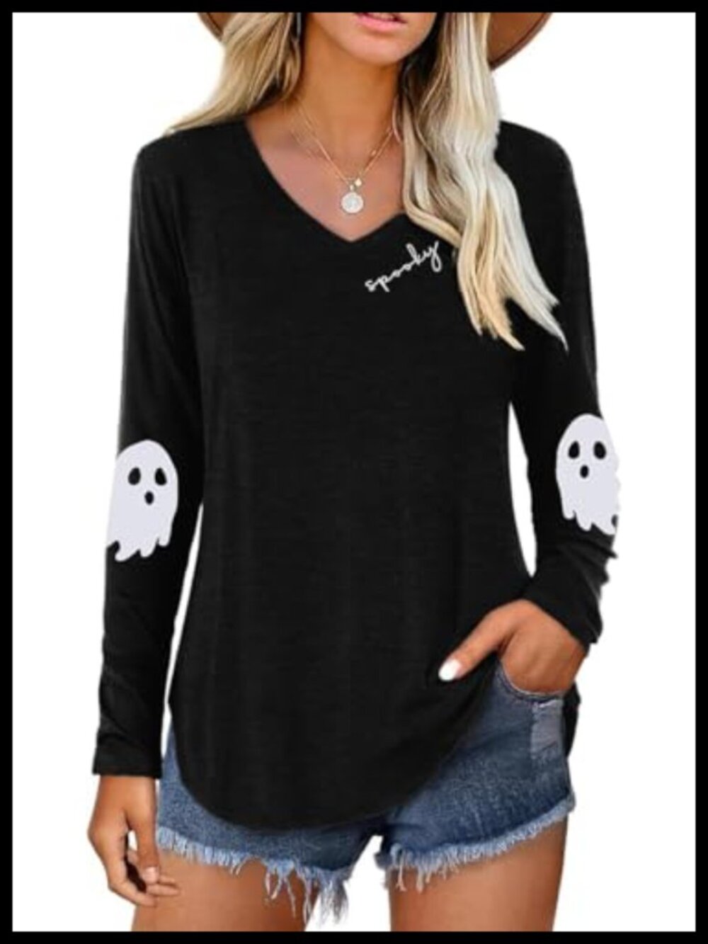 Women's Ghost Graphic Long Sleeve V-Neck Shirt Halloween Tee
